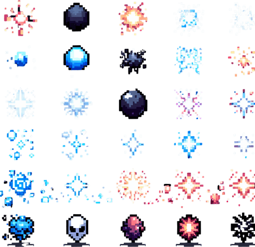 pixel art particles.
Single Game Texture. In-Game asset. 2d. Blank background. High contrast. No shadows.