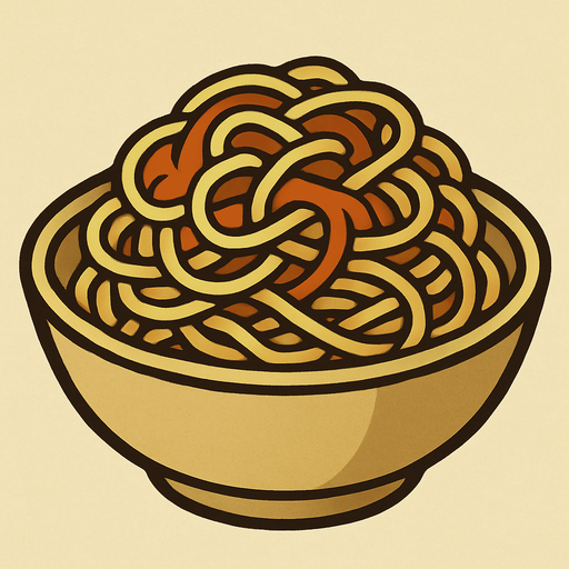 Bowl of spaghetti in professor Layton game style artwork.
In-Game asset.  2d.  High contrast.  No shadows