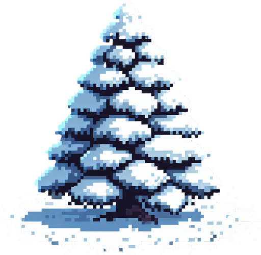 pixel art of a spruce tree covered in snow. Single Game Texture. In-Game asset. 2d. Blank background. High contrast. No shadows.