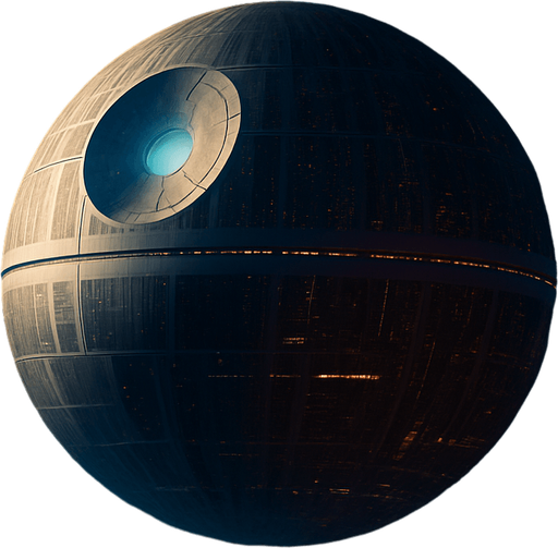 A dramatic sci-fi space background featuring a massive spherical orbital station inspired by the Death Star, orbiting a distant planet. The station has detailed surface structures, illuminated trenches, and a large superlaser dish glowing softly. Surrounding the station are small starfighters flying in formation against a vibrant starfield filled with colorful nebulas in shades of blue, purple, and orange. The distant planet below shows visible continents and atmosphere with soft clouds. The scene is cinematic and mysterious, with dynamic lighting and subtle lens flares to enhance depth and realism. High resolution, widescreen format, concept art style, original and copyright-safe..
In-Game asset.  2d.  High contrast.  No shadows