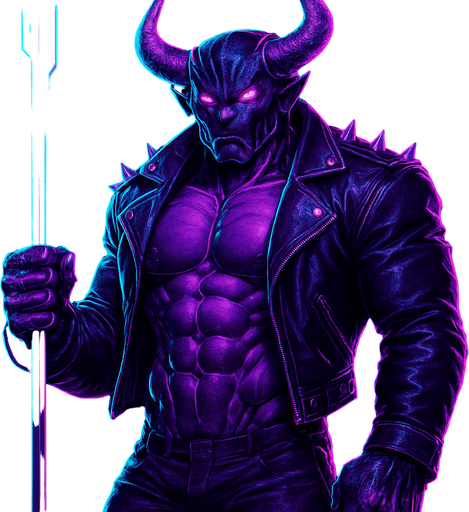 Demon robot Black leather biker jacket longsleeves shirtless muscles pecs abs hunky demon cyborg robot mecha cyberpunk neon manga futuristic monster stud beefcake