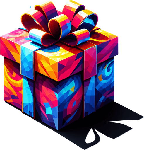 gift wrapped box, vivid colours. with bow on top Single Game Texture. In-Game asset. 2d. Blank background. High contrast. No shadows. Single Game Texture. In-Game asset. 2d. Blank background. High contrast. No shadows.