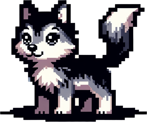 Wolf puppy 8-bit character cute and adorable.
Single Game Texture. In-Game asset. 2d. Blank background. High contrast. No shadows.