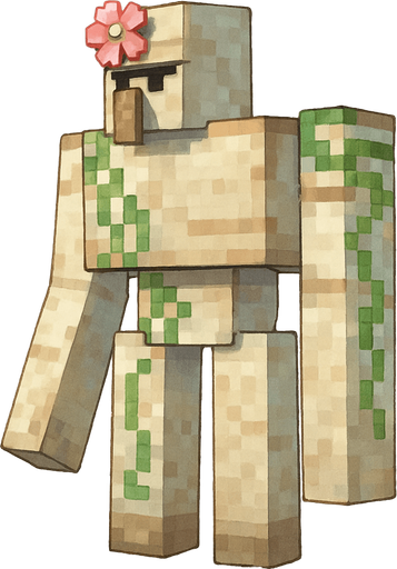 Minecraft iron golem facing left with a pink flower on his forehead. Full body.
2d. Cool.