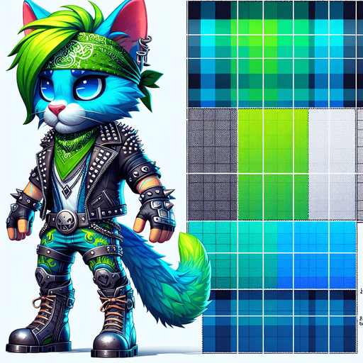 An anthropomorphic blue and green cat animatronic wearing rockstar attire.
Single Game Texture.  In-Game asset.  2d.  Blank background.  High contrast.  No shadows