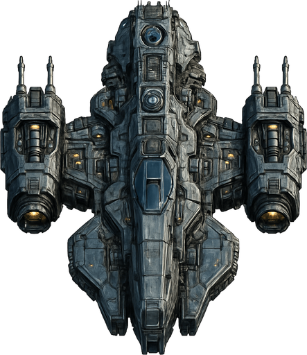 Uzay temalı Savaş Gemisi, gerçekçi, yazısız üstten görünüm. 
In-Game asset.  High contrast.  No shadows