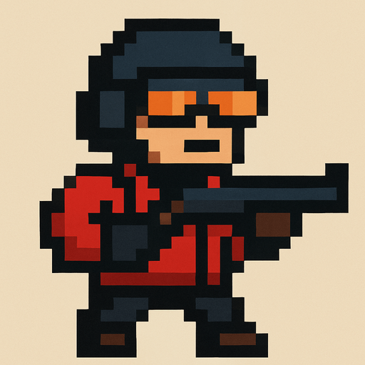 Un changón con un tipo piloto peinado que tengo una ropa roja y negra y que sea tipo pixelar.
In-Game asset.  2d.  High contrast.  No shadows