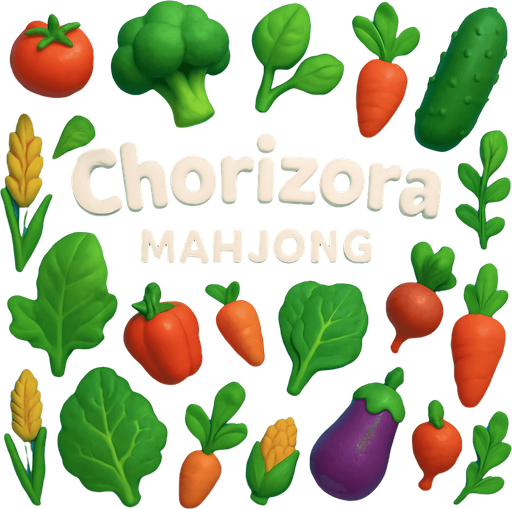Mahjong game background of vegetables and plants, have text in the middle of it "Chorizora mahjong".
In-Game asset.  High contrast.  No shadows. 3D
