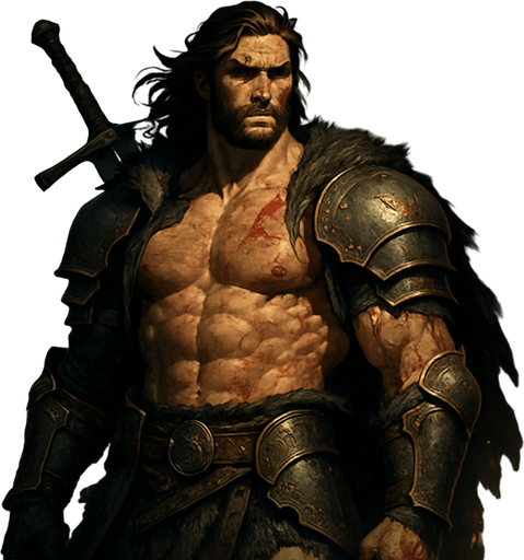 A towering, hypermasculine medieval warrior standing heroically on a battlefield at dusk, clad in weathered steel armor with golden engravings, his broad chest exposed under a torn fur-lined cloak, muscles defined and glistening with sweat and blood. Long, slightly wavy dark brown hair flows in the wind, a rugged chiseled jawline with a trimmed beard, piercing ice-blue eyes filled with intensity. Scars on his shoulder and a massive greatsword resting on his back. Background features a stormy sky and burning ruins, a dramatic lighting highlighting the power in his posture. Cinematic, realistic, highly detailed, epic composition, moody atmosphere --realistic style, medieval fantasy, 4K, ultra-detailed, volumetric lighting. realistic.
In-Game asset.  2d.  High contrast.  No shadows