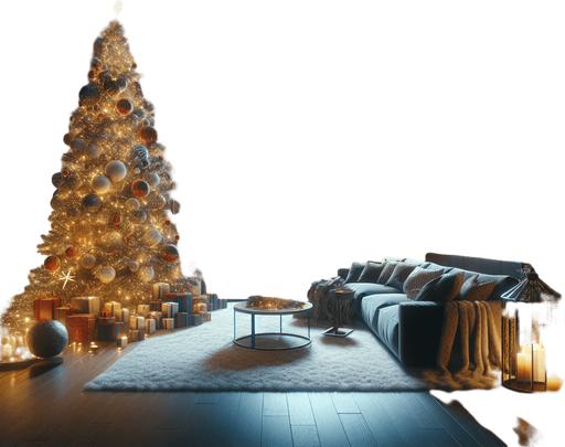 Photorealistic Apartment inside at night with Christmas decorations and huge large window