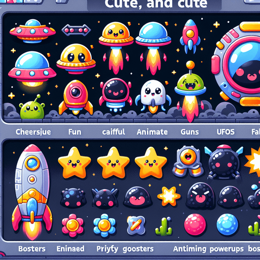 Spritesheet, modern, mobile game, cute, fun. Colorful. Including spaceships, UFOs, Guns, Boosters, Powerups, Asteroids, Boss...
In-Game asset. 2d. Blank background. High contrast. No shadows.