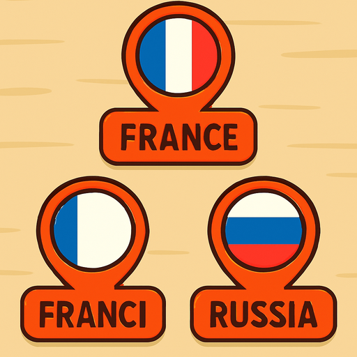 A flat, 2D game UI-style asset showing a vertical set of three country pins labeled: "France "Russia". Each pin includes a circular flag icon above the text label. The layout is columnar, cartoonish, and visually clean. Each pin should be exportable or usable individually for a mobile game's level selection screen..
In-Game asset.  2d.  High contrast.  No shadows