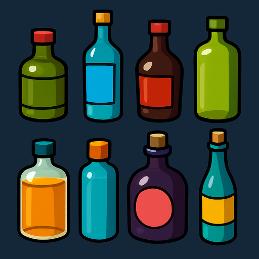 Pack of different bottles.
In-Game asset.  High contrast.  No shadows. 3D