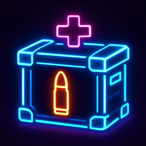 Üstünde mermi resmi olan bir hava yardım kutusu. Neon ışıklı.
In-Game asset.  2d.  High contrast.  No shadows