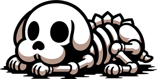 a cartoon skeleton puppy. lying down. head between paws..
Single Game Texture. In-Game asset. 2d. Blank background. High contrast. No shadows.