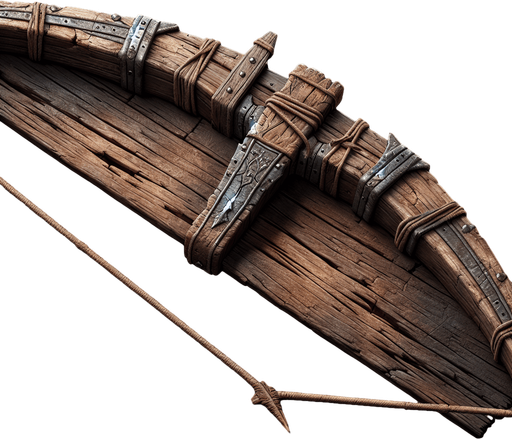 A rugged medieval bow with a wooden frame and slightly frayed string, perfect for a fantasy setting..
Game asset. Rustic and worn. Medieval fantasy style. High detail with visible wood grain.