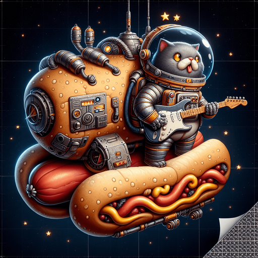 Mechanical hot dog spacecraft piloted by a cheeky, morbidly obese astronaut cat playing a fender stratocaster.
Single Game Texture. In-Game asset. 2d. Blank background. High contrast. No shadows.