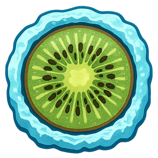 Frozen kiwi.
Single Game Texture.  In-Game asset.  2d.  Blank background.  High contrast.  No shadows