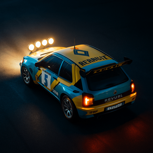 Photorealistic RENAULT Rallycar in nightlight, drone topview from back and 45 degrees angle in top right corner.
