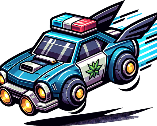 A cartoon flying police car.
Single Game Texture. In-Game asset. 2d. Blank background. High contrast. No shadows.