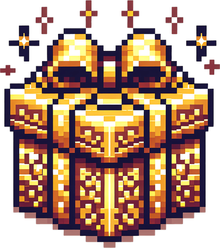 Pixel art of a golden christmas present. Single Game Texture. In-Game asset. 2d. Blank background. High contrast. No shadows.