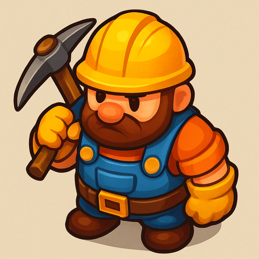 Crea un personaje "Trabajador" para un juego de Tower Defense, en un estilo 2D renderizado, limpio y cartoonish. El trabajador debe tener contornos claros y definidos, colores vibrantes con transiciones suaves, y sombreado que dé volumen.

El diseño debe ser el de un personaje compacto y robusto, diseñado para ser fácilmente reconocible desde una vista cenital/ligeramente aérea, pero con suficiente detalle para mostrar su progresión. Debe evocar la idea de construcción, minería o recolección de recursos..
In-Game asset.  2d.  High contrast.  No shadows