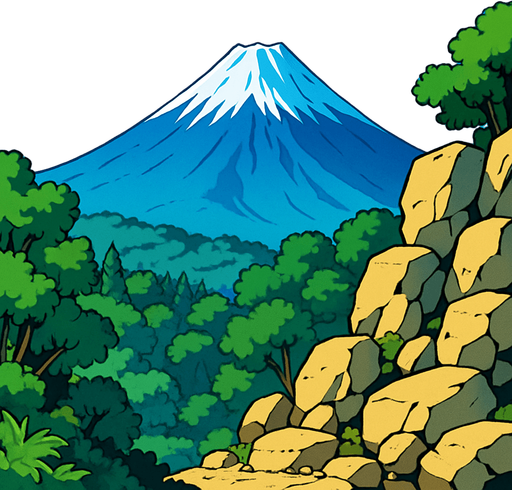 2d anime image pemandangan gunung fuji jepang zaman kuno di kejauhan. wilayah hutan dan bukit bebatuan dari dekat. langit biru cerah.
In-Game asset.  2d.  High contrast.  No shadows