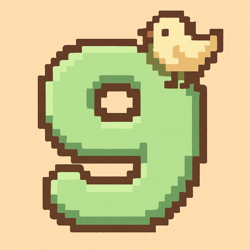 A pixel art number "9" designed for a cozy, cute retro 2D game UI with a bird theme. The number is rendered in soft pastel light green tones to harmonize with the gentle and sweet aesthetic of the game. It has a clean, simple, and rounded pixel style with no harsh edges, fitting perfectly within the pixel art UI style. The number is bold and easily readable at small sizes..
In-Game asset.  2d.  High contrast.  No shadows. pixel art. retro. 2d ui. number. pastel light green. simple. rounded edges. bold. cute. minimal