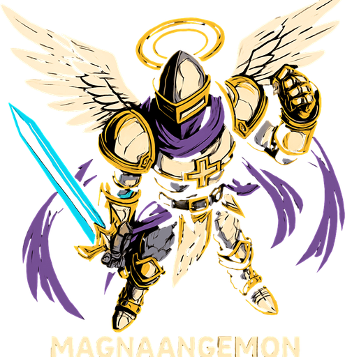 MagnaAngemon, visto desde arriba, calidad y detalles altamente épicos..
In-Game asset.  2d.  High contrast.  No shadows