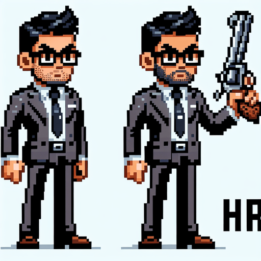 Single Game Texture. In-Game asset. 2D. Blank background. High contrast. No shadows. A pixel-art HR professional wearing a suit and tie, glasses, and holding an oversized cartoonish gun. The character should have a confident stance, professional yet whimsical, styled for a retro game.
Single Game Texture. In-Game asset. 2d. Blank background. High contrast. No shadows.