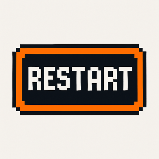 restart button, orange outline, white text, pixel art..
In-Game asset.  2d.  High contrast.  No shadows