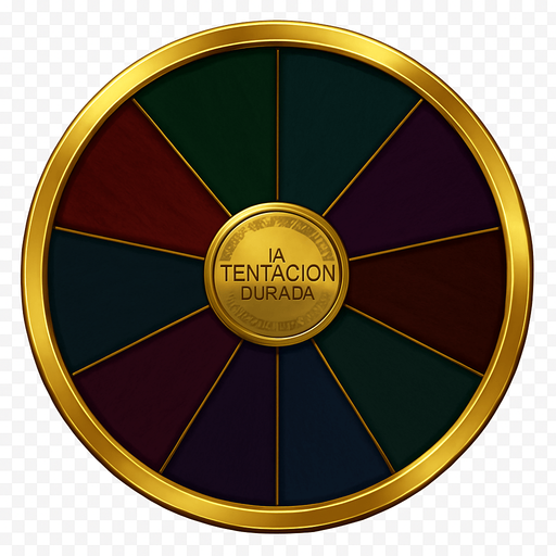 Create a visual asset for a luxury prize wheel base for 'La Tentación Dorada'.

Design:

Shape: Perfect circle.

Sections: 8 clearly divided sections, marked by elegant gold or silver lines.

Colors: Rich, deep casino tones (reds, greens, blues, purples, dark wood/gold).

Center: Decorative element (subtle logo/metallic plate).

Outer Rim: Prominent golden or silver polished rim.

Style: Luxurious, sophisticated prize wheel.

Background: Transparent (wheel only).

Objective: Elegant base for 8 prize placements..
In-Game asset.  2d.  High contrast.  No shadows