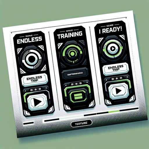 3 buttons that read:
Endless Trip
Training!
I am ready!
Futuristic font. White black and green..
Single Game Texture. In-Game asset. 2d. Blank background. High contrast. No shadows.