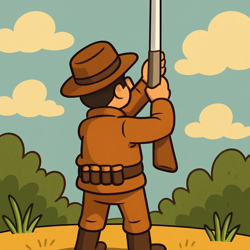 cartoon style back view duck hunter use white shootgun straight vertical shoot act.