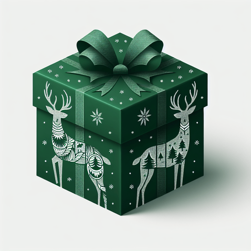 Green Christmas wrapped box with deer designed, front view.