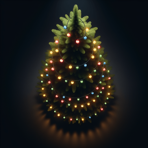 Photorealistic pine tree in night light with color lightbulbs, top view