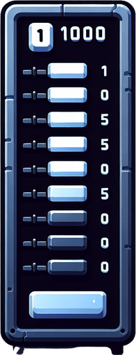 vertical slider. 1000 pixels tall and 50 pixels wide. with numbers 1 at top and 10 at bottom. 2d in-game asset. blank background no shadows. high contrast
Single Game Texture. In-Game asset. 2d. Blank background. High contrast. No shadows.