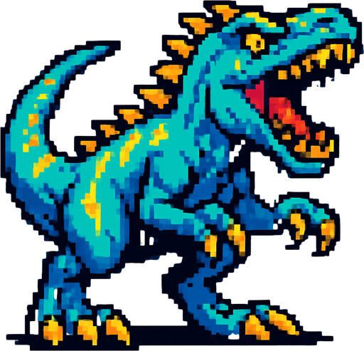 90'lardaki retro oyun dinazoru. vahşi olsun. mavi ile sarı karışımı bir renk olsun
In-Game asset.  2d.  High contrast.  No shadows