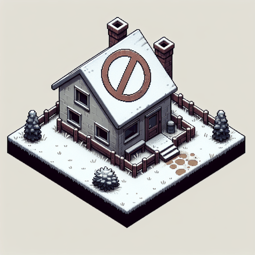 overhead view of drab house with giant prohibition symbol snowy lawn video game asset 2d blank background Single Game Texture. In-Game asset. 2d. Blank background. High contrast. No shadows.