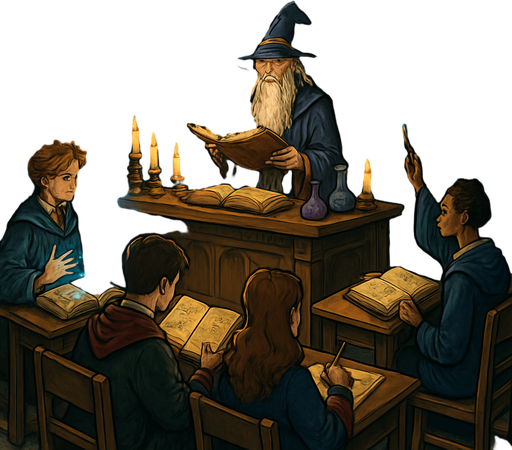 Clase estudiantil mágica algo más detallada muy realista en 2D.
In-Game asset.  2d.  High contrast.  No shadows