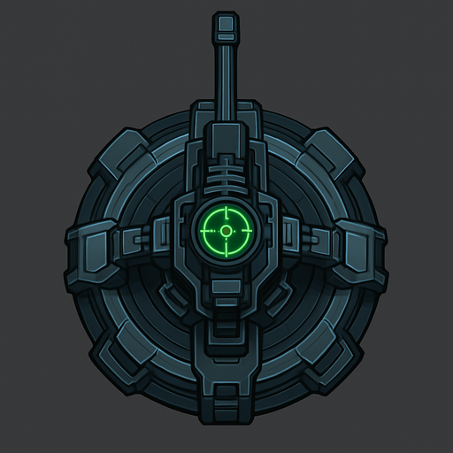 top-down view, futuristic sniper defense tower, mechanical turret base, integrated long-range scope with green targeting reticle, high-tech cyberpunk machine parts, sleek tower design, circular top down, symmetrical.
In-Game asset.  2d.  High contrast.  No shadows