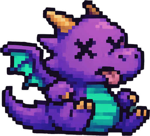 A pixel art version of the baby dragon character shown in a defeated state, designed for a 2D side-scrolling game. The dragon appears to be falling or lying on its back, with X-shaped eyes or closed eyelids. Its wings are limp and slightly spread, the tail droops, and its mouth is slightly open with a small tongue sticking out. The overall design remains cute and fantasy-inspired, with a cartoonish touch, but clearly shows the dragon is no longer active or alive. The colors and features should match the flying version for consistency.
