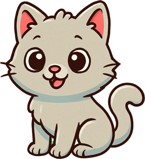 A cute cartoon-style cat character for a mobile game. Soft fluffy fur, big round eyes, small triangular ears, pink nose, and a curled tail. Light gray or orange color, standing or sitting with a playful and happy expression. High-quality digital illustration with a simple, colorful background. Ideal for a fun and friendly kids game.”.
In-Game asset.  2d.  High contrast.  No shadows. cartoon style