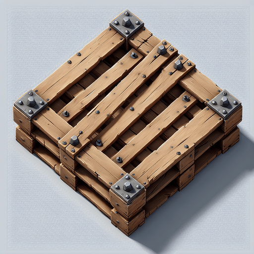 straigth zenith view square wooden pallet with big screws in each corner
Single Game Texture. In-Game asset. 2d. Blank background. High contrast. No shadows.
