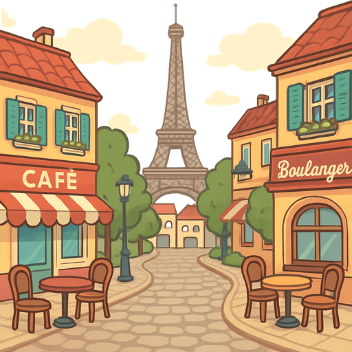 A charming cartoon-style Paris street scene with the Eiffel Tower, cobblestone roads, and café tables. Soft colors and romantic ambiance. Designed for an accordion-themed music game. Export as wide PNG..
In-Game asset.  2d.  High contrast.  No shadows