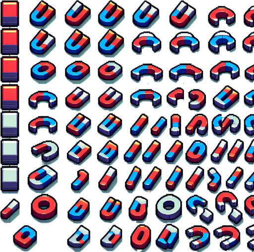 A sprite sheet of magnets.
Single Game Texture. In-Game asset. 2d. Blank background. High contrast. No shadows.