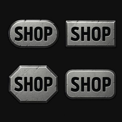 Different shop buttons of metal, metal rectangles
In-Game asset.  2d.  High contrast.  No shadows
