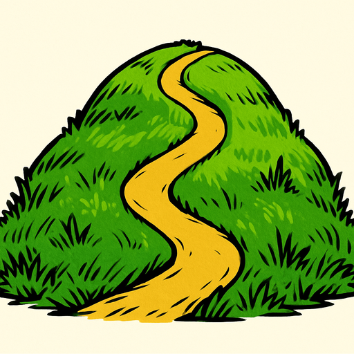 Cima de una colina redondeada con un sendero que lleva a la cima, mucho césped.
In-Game asset.  2d.  High contrast.  No shadows