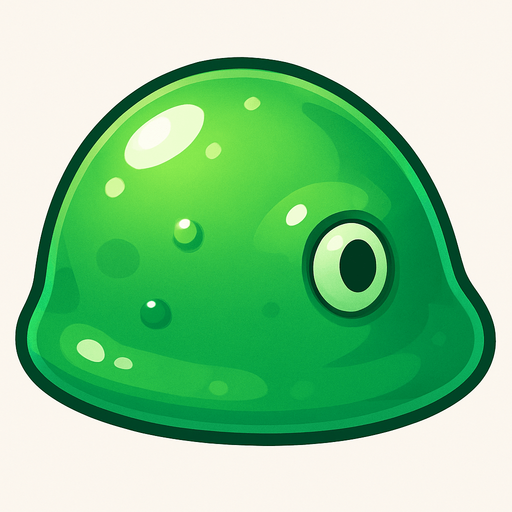 A single, isolated, highly detailed top-down isometric game asset of a Basic Slime. It is a slightly translucent, vibrant green, blue, or purple gelatinous blob, perfectly suited for a static sprite. Its surface should appear wet and glistening, with subtle internal bubbles or a single, simple, unblinking eye embedded within (static, not animated). The slime's most prominent side or an implied 'front' should be clearly oriented towards the right side of the image, indicating its forward movement. Style: Stylized, cartoony fantasy, slightly squishy texture, suitable for a Tower Defense game. Transparent background.
In-Game asset.  2d.  High contrast.  No shadows