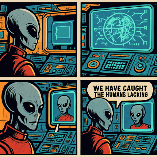"Comic book style 4 panels of grey alien commander receiving transmission on holographic display showing Earth's internet infrastructure map,  text bubbles saying ' we have caught the humans lacking' , sci-fi comic book technology designs".
In-Game asset.  2d.  High contrast.  No shadows